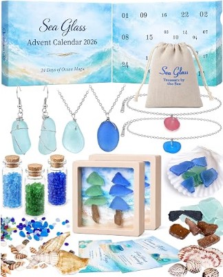Sea Glass Advent Calendar 2026 for Women and Teen Girls, Jewelry DIY Craft | Real Sea Glass from Natural Coastal, 1 Pair Earrings, 2 necklaces, 2 bracelets, DIY and Craft, Christmas Decoration